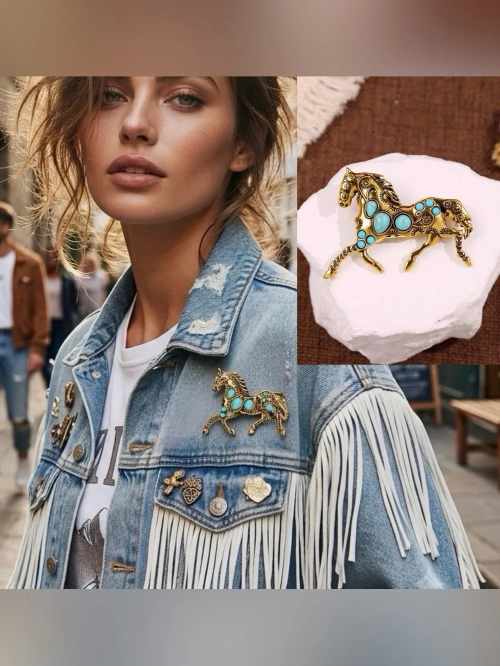 Gold Horse Turquoise Stone Brooch Lapel Pin Western Cowgirl Rodeo Accessory NEW